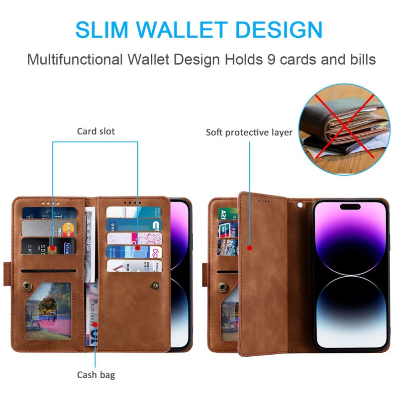 For iPhone 17 Case Zipper Pocket PU Leather Phone Cover with 9 Card Slots