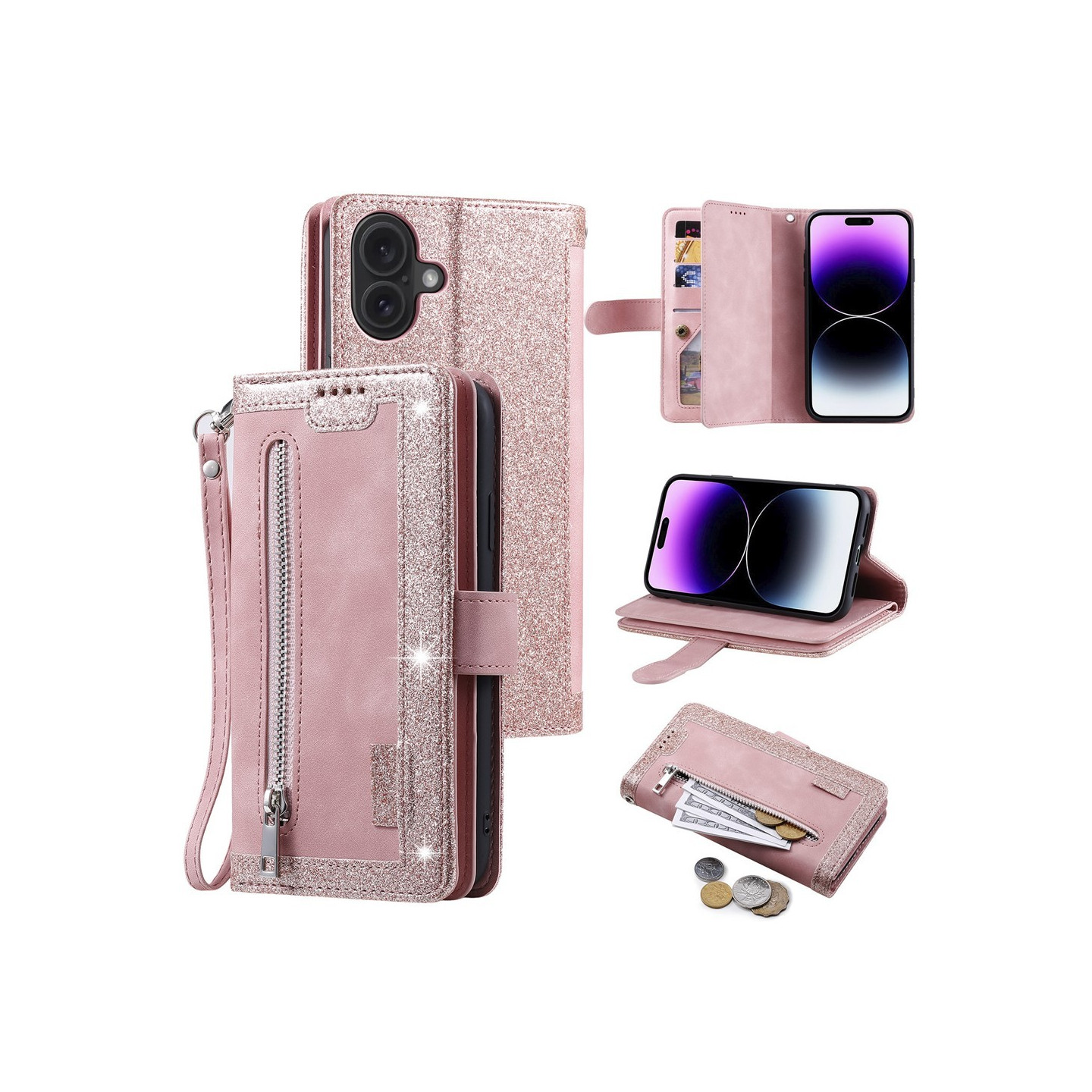 For iPhone 17 Case Zipper Pocket PU Leather Phone Cover with 9 Card Slots