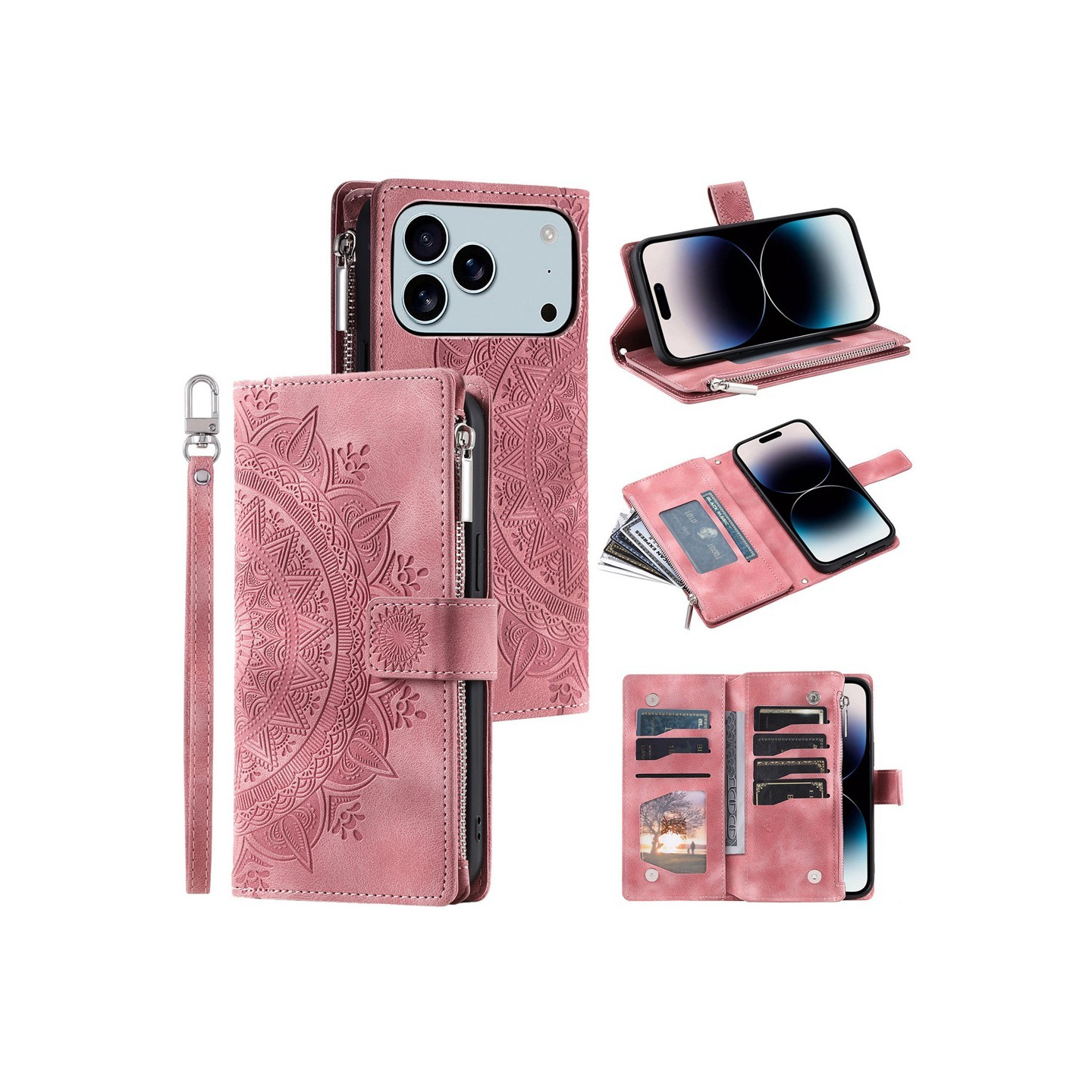 Lommeboketui kompatibelt med iPhone 17 Pro Max deksel etui mandala blomstermønster