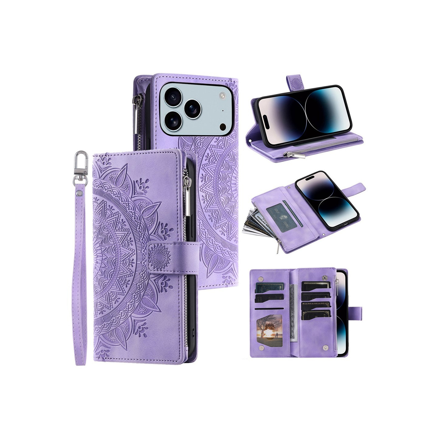 Lompakkokotelo yhteensopiva iPhone 17 Pro Max kotelo suojakuori mandala kukkakuvio mintunvihreä