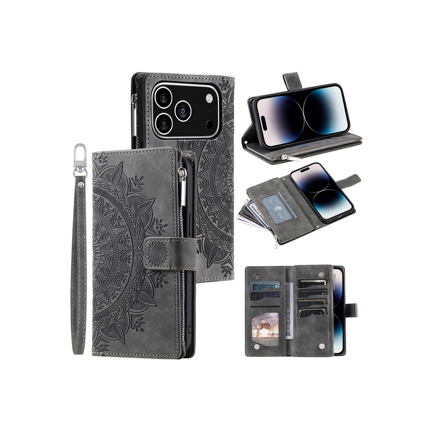 Lompakkokotelo yhteensopiva iPhone 17 Pro kotelo suojakuori mandala kukkakuvio