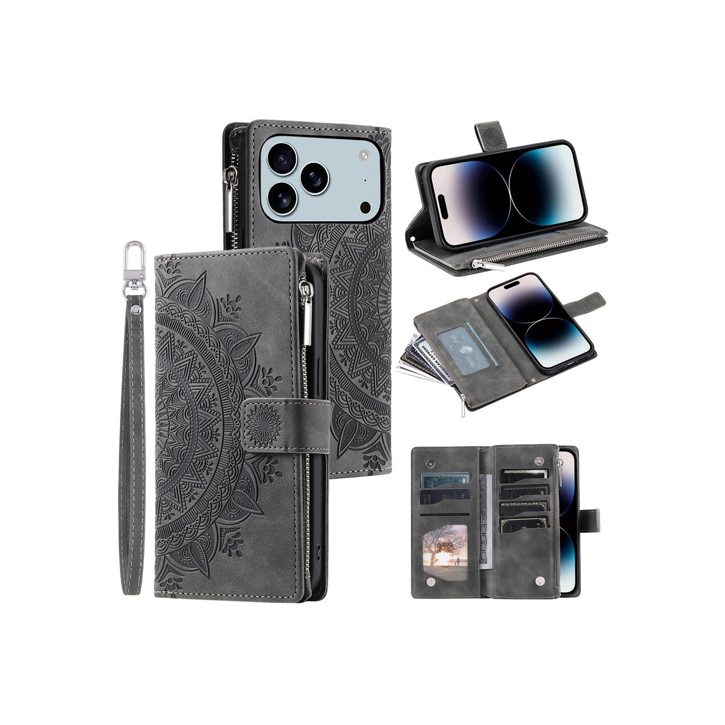 Lompakkokotelo yhteensopiva iPhone 17 Pro Max kotelo suojakuori mandala kukkakuvio