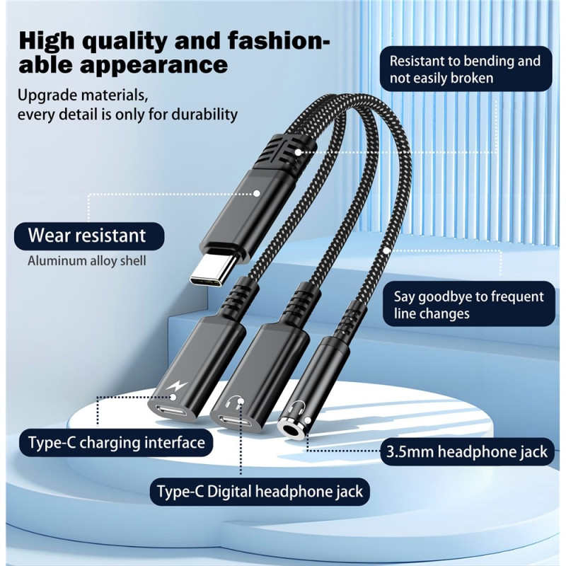 Aux-adapter 60 W USB-C til 3,5 mm + USB-C hodetelefoner + USB-C PD-lading