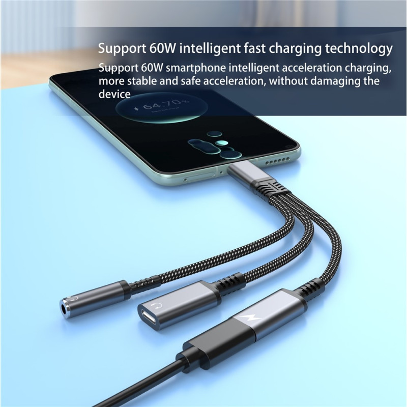 Aux-adapter 60W USB-C til 3,5 mm + USB-C hovedtelefoner + USB-C PD-opladning