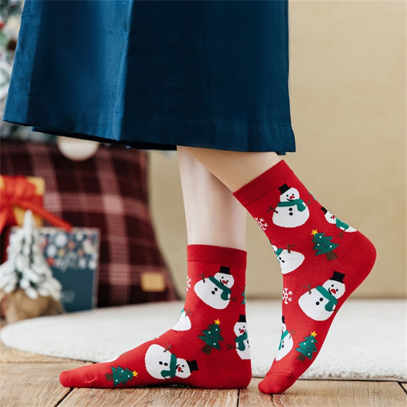 Socks Christmas Stocking Christmas Gift Cartoon Pattern Half Calf Socks - Snowman