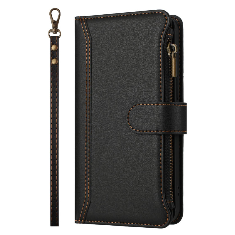 For Sony Xperia 10 VII Case with 9 Card Slots, Zipper Wallet, Stand, and Wrist Strap - Black