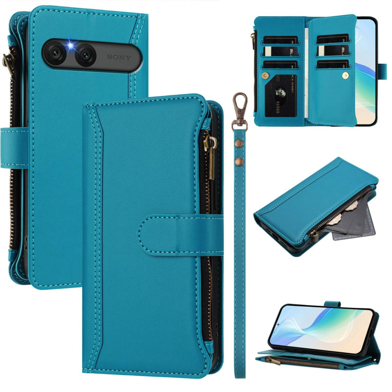 For Sony Xperia 10 VII Case with 9 Card Slots, Zipper Wallet, Stand, and Wrist Strap - Light Blue