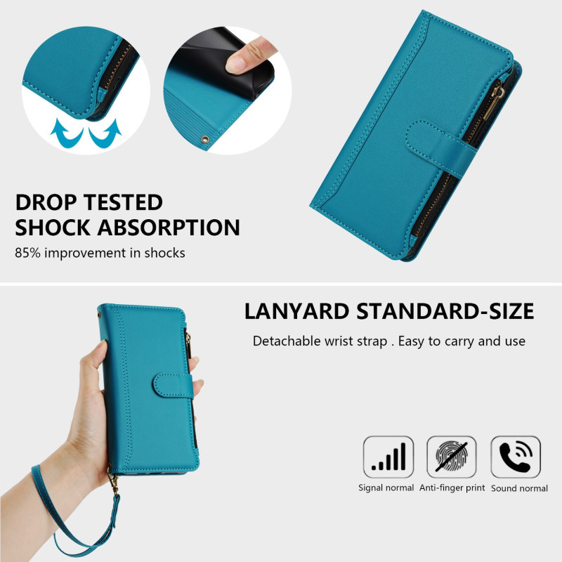 For Sony Xperia 10 VII Case with 9 Card Slots, Zipper Wallet, Stand, and Wrist Strap - Light Blue