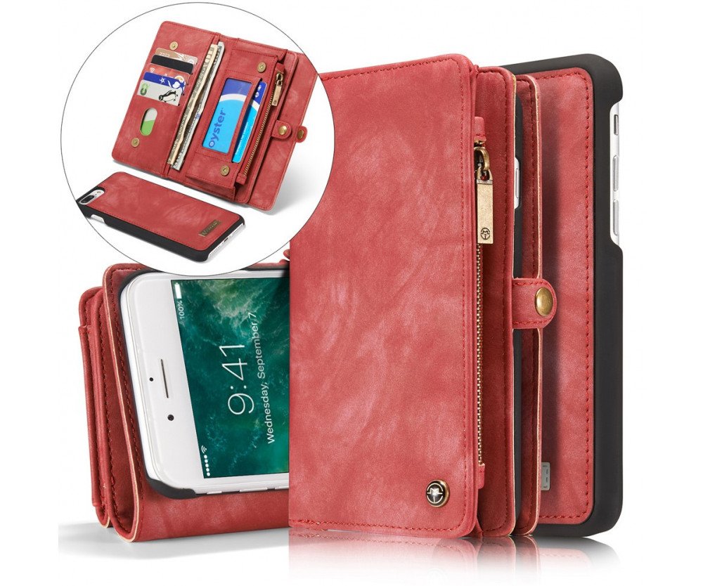CASEME iPhone 7 Plus Retro Split läder plånboksfodral - Röd