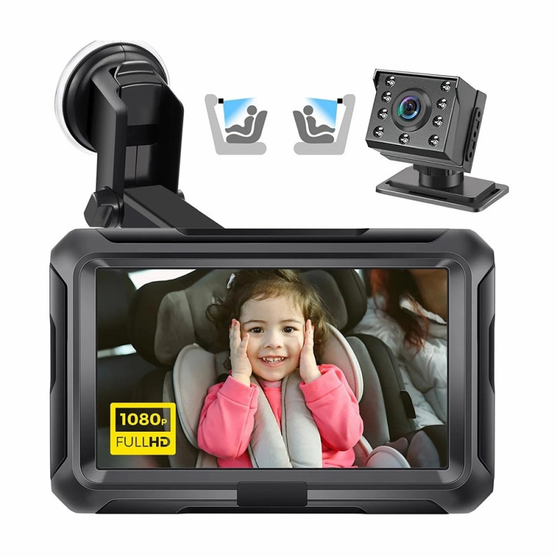 4,3" HD 1080P babymonitor for bil, 360 graders rotasjon, vidvinkelkamera for nattsyn