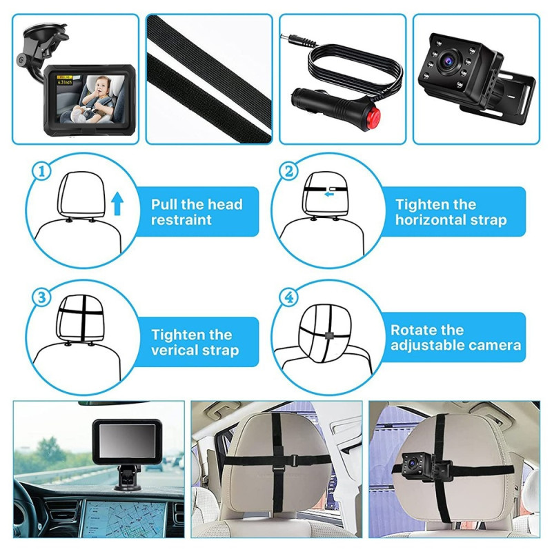 4,3" HD 1080P babymonitor for bil, 360 graders rotasjon, vidvinkelkamera for nattsyn