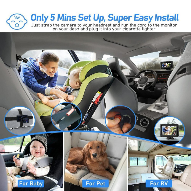 4,3" HD 1080P babyalarm til bil, 360 graders rotation, vidvinkel, nattesynskamera