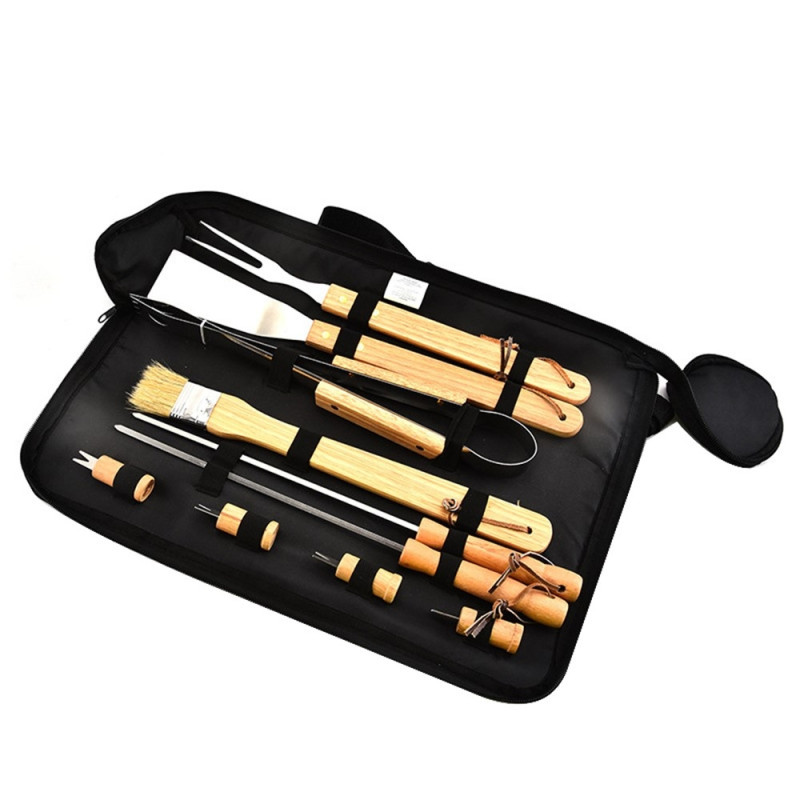 10pcs/set BBQ Grill Accessories Grill Kit Wooden Handle Carrying Bag Barbecue Grill Tools