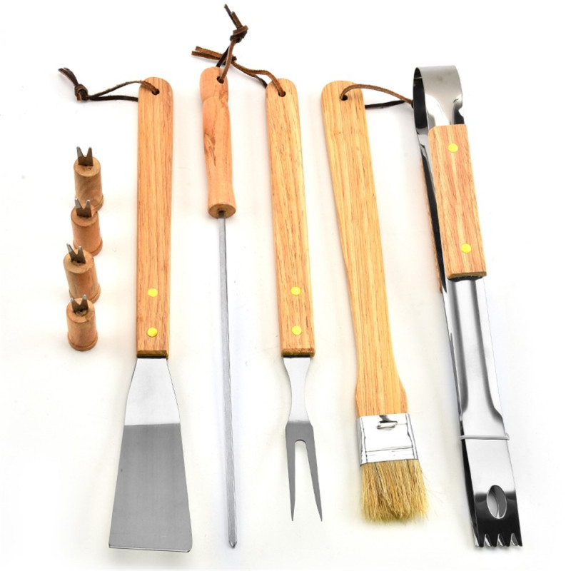 10pcs/set BBQ Grill Accessories Grill Kit Wooden Handle Carrying Bag Barbecue Grill Tools