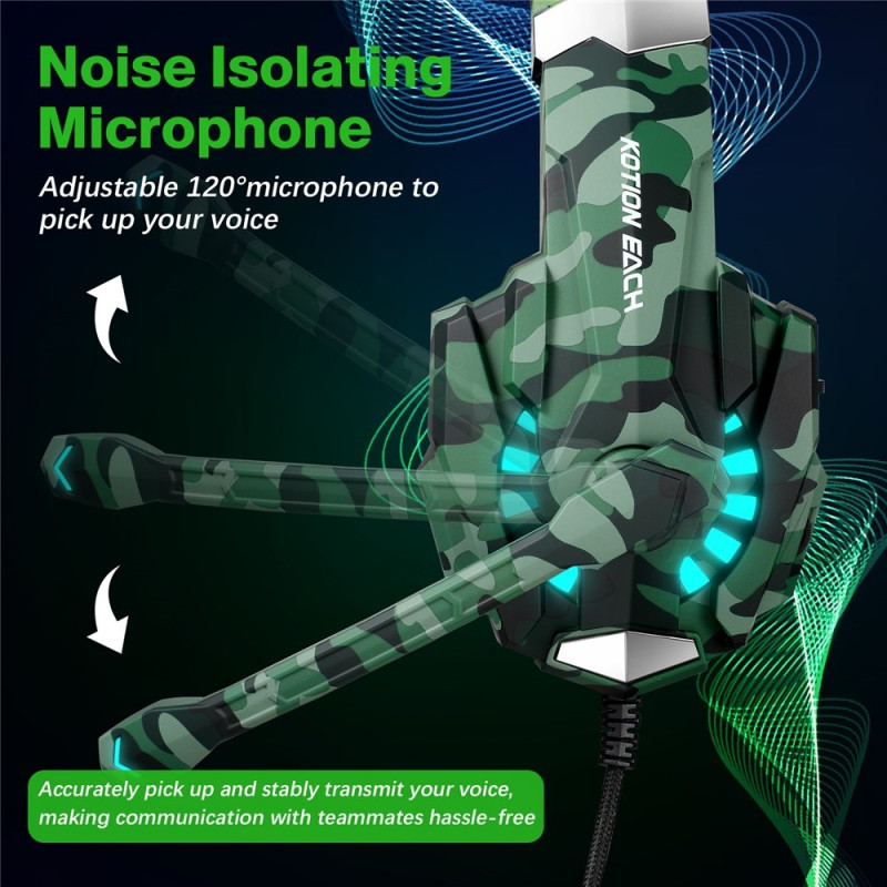 KOTION Gaming Headset LED Kablede Hovedtelefoner med Mikrofon Camouflage LED