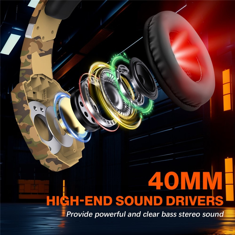 KOTION Gaming Headset LED Kablede Hodetelefoner med Mikrofon Kamuflasje LED - Gul