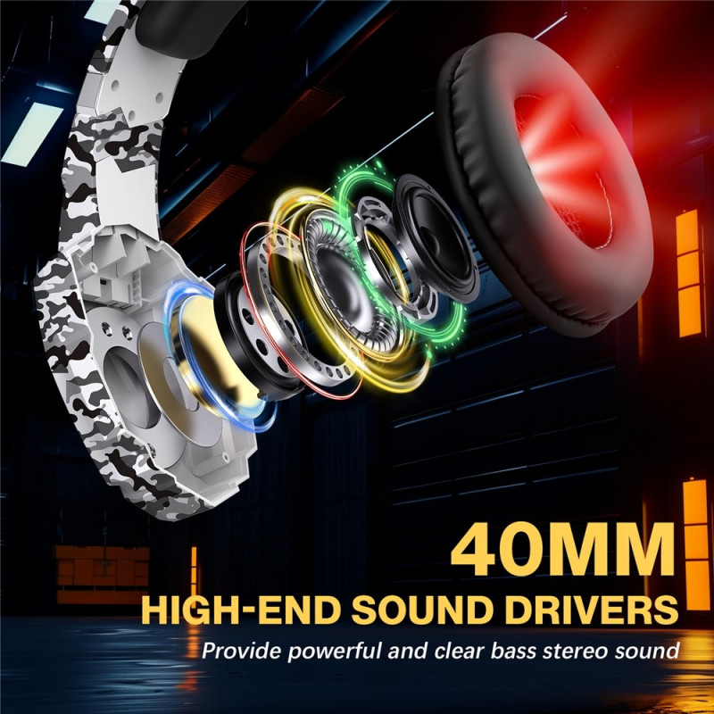 KOTION Gaming Headset LED Kablede Hodetelefoner med Mikrofon Kamuflasje LED - Grå