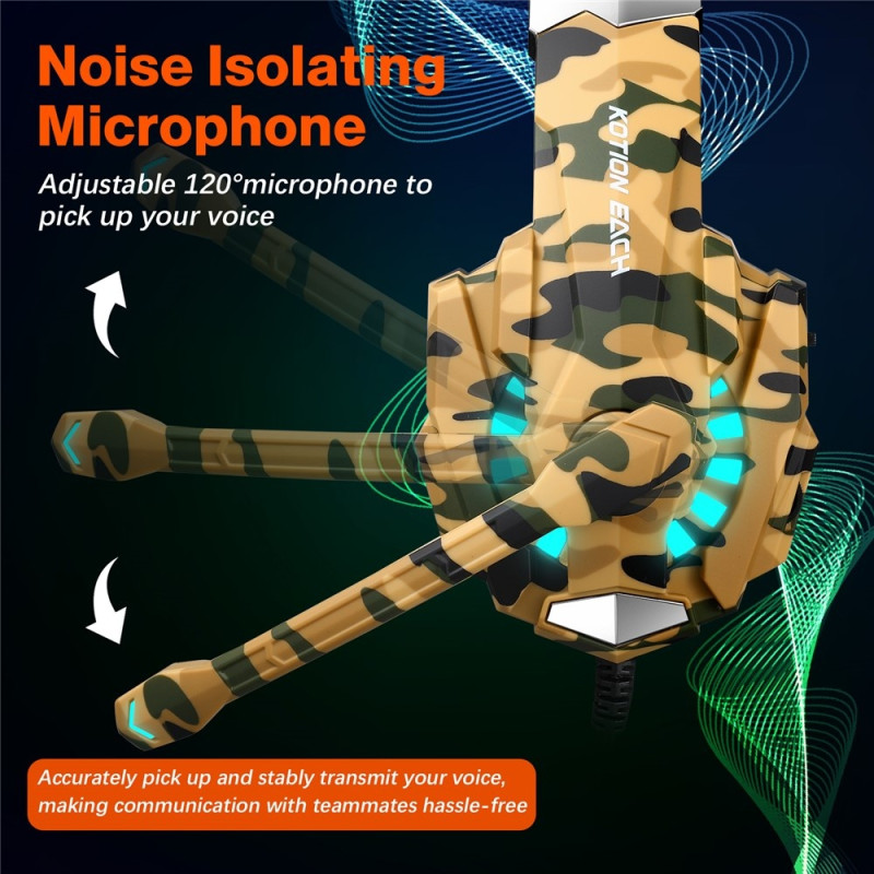 KOTION Gaming Headset LED Kablede Hovedtelefoner med Mikrofon Camouflage LED - Gul