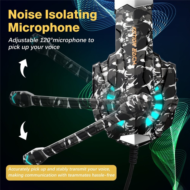 KOTION Gaming Headset LED Kablede Hodetelefoner med Mikrofon Kamuflasje LED - Grå