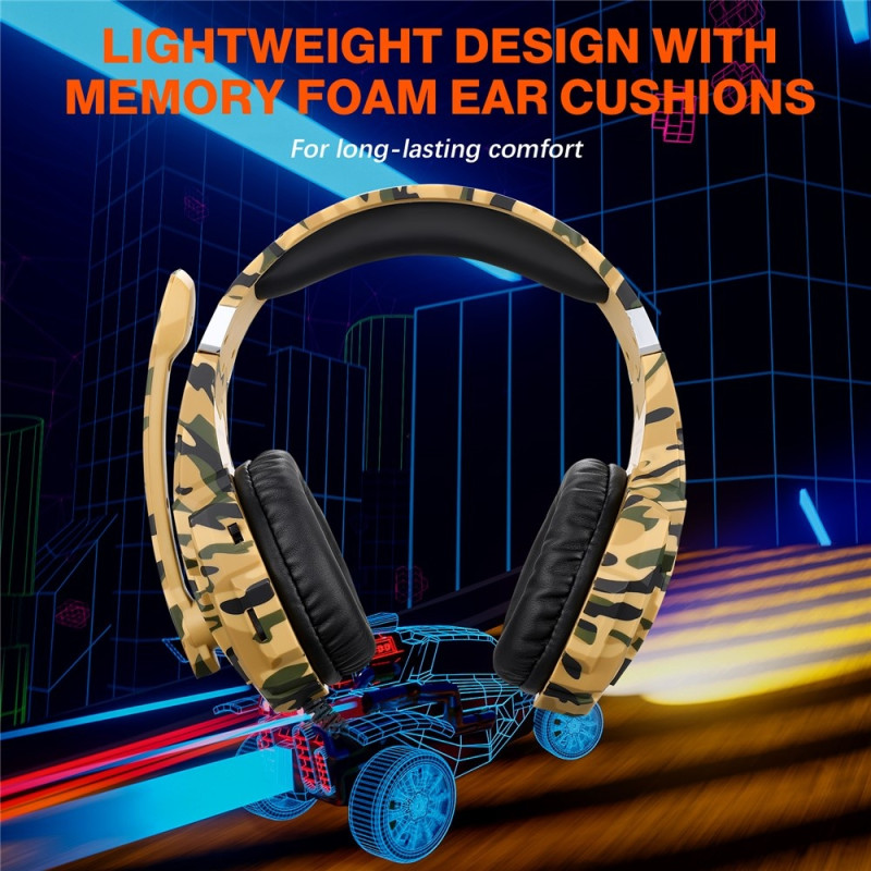 KOTION Gaming Headset LED Kablede Hovedtelefoner med Mikrofon Camouflage LED - Gul