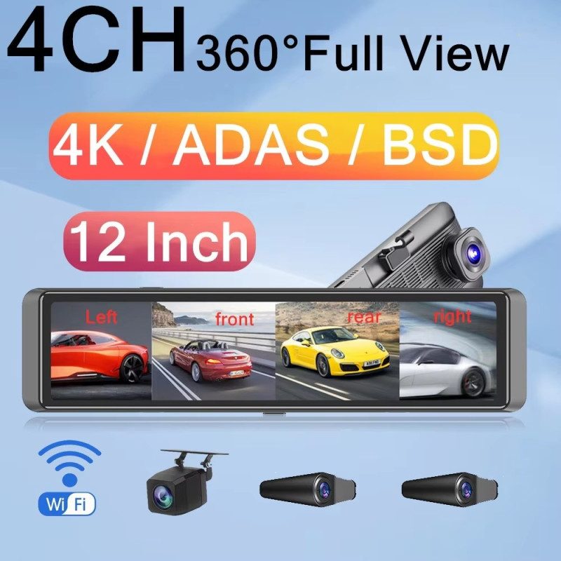 12" camera four-channel recording 360 degrees blind spot detection ADAS 4K dashcam