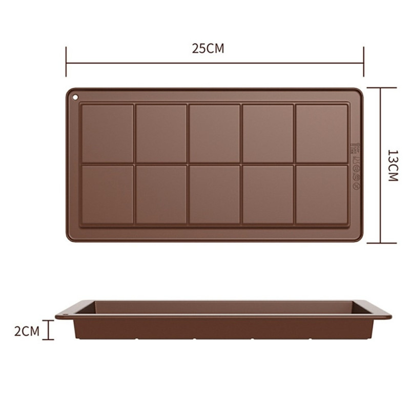 Suorakulmainen suklaamuotti, jossa 10 onteloa silikonista
