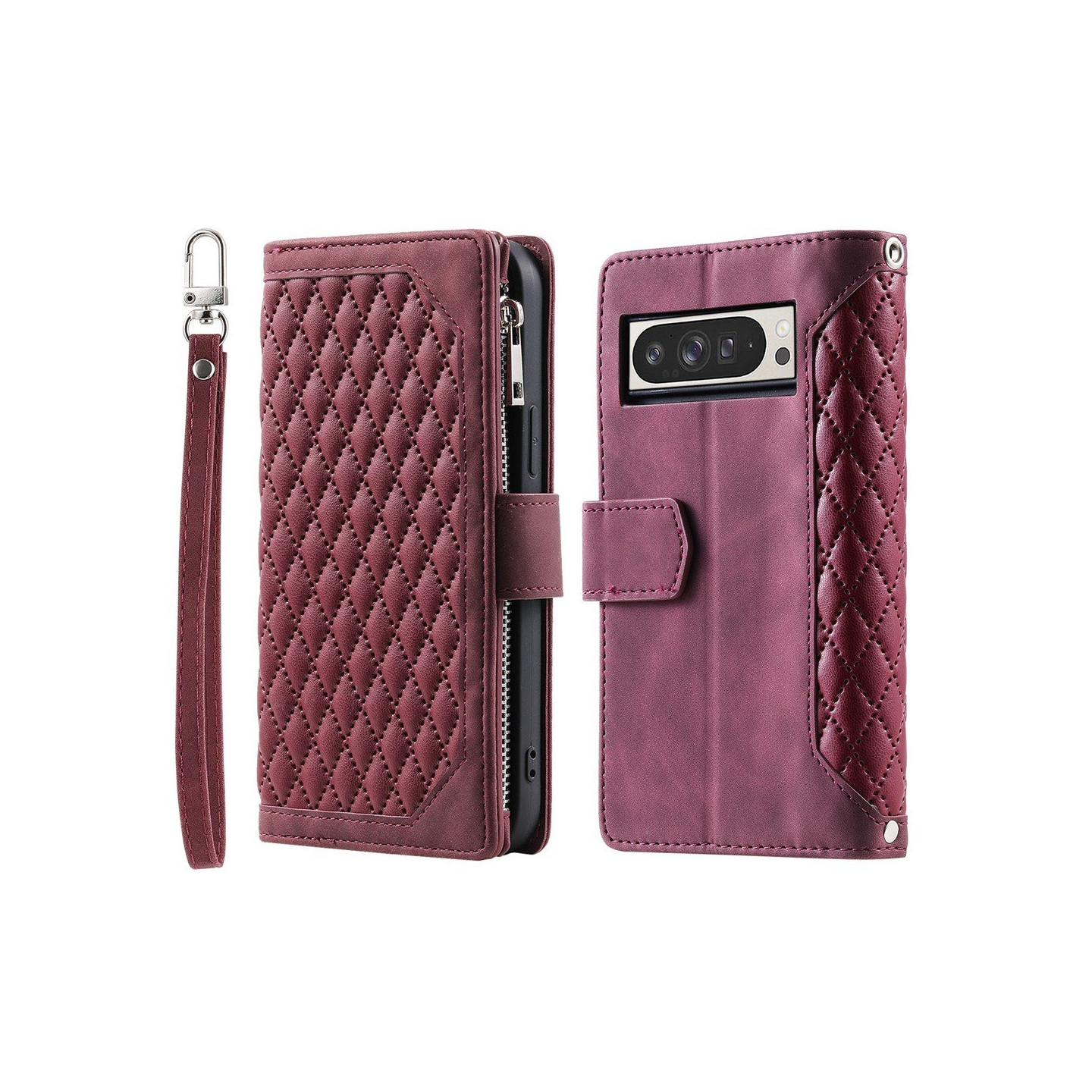 Til Google Pixel 10 Pro XL Lommebok-deksel med glidelås Rhombus Stitching Line Telefonveske