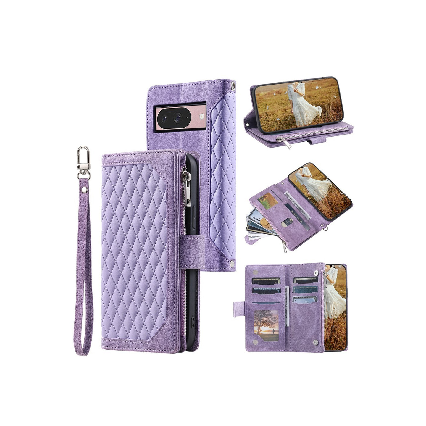 För Google Pixel 10 Pro / 10 / 9 Pro / 9 Zipper Wallet Case Rhombus Telefonfodral