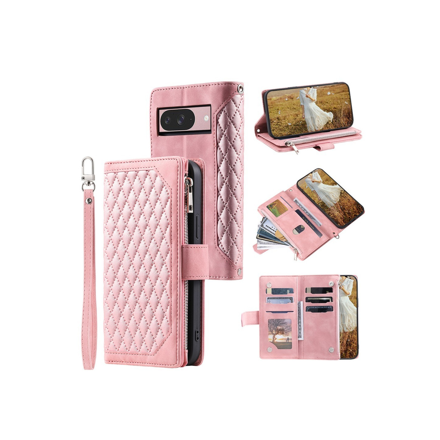 För Google Pixel 10 Pro / 10 / 9 Pro / 9 Zipper Wallet Case Rhombus Telefonfodral