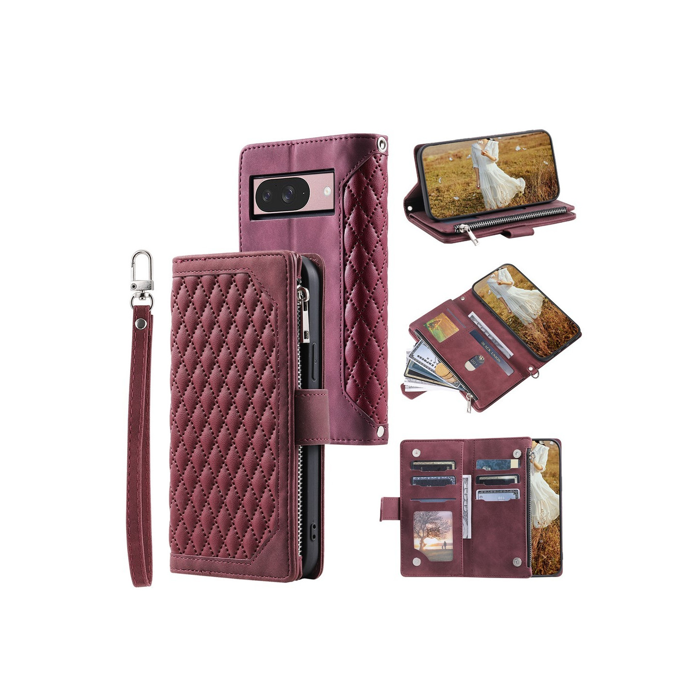 Til Google Pixel 10 Pro / 10 / 9 Pro / 9 Zipper Wallet Case Rhombus Telefoncover