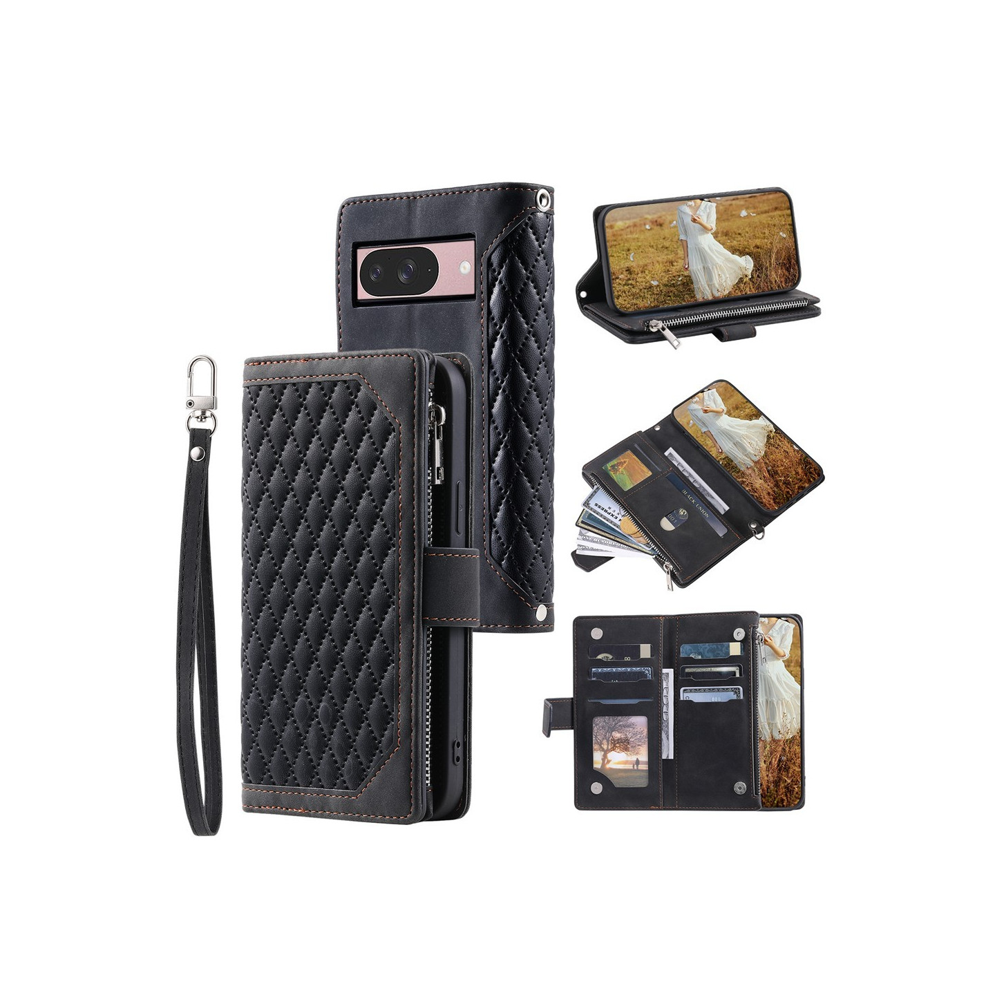 För Google Pixel 10 Pro / 10 / 9 Pro / 9 Zipper Wallet Case Rhombus Telefonfodral