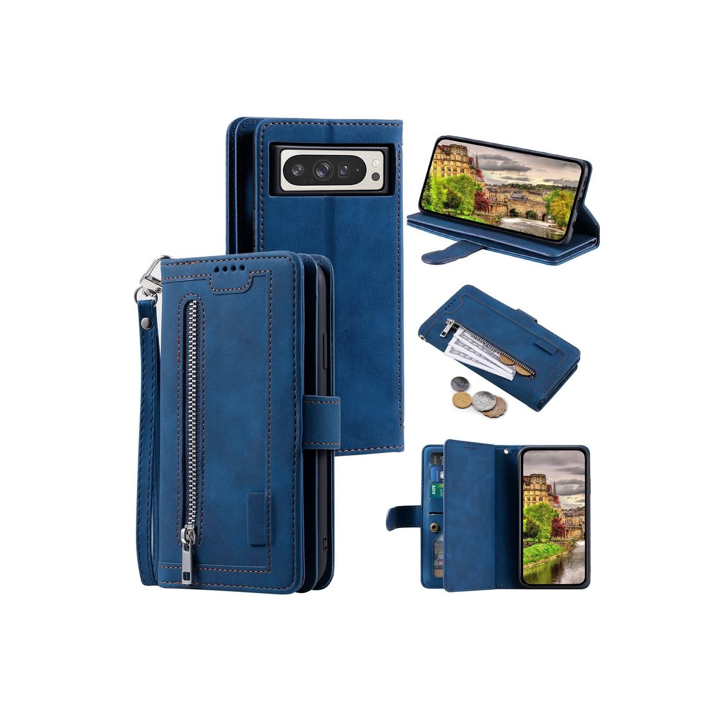 For Google Pixel 10 Pro XL / 9 Pro XL Case Zipper Pocket PU Leather Phone Cover with 9 Card Slots