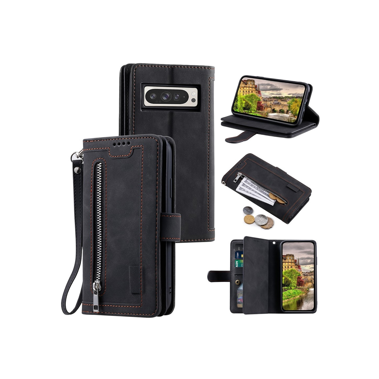 For Google Pixel 10 Pro XL / 9 Pro XL Case Zipper Pocket PU Leather Phone Cover with 9 Card Slots