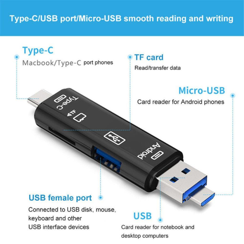 5 in 1 monitoiminen Micro USB Type - C TF - kortinlukija OTG - sovitin