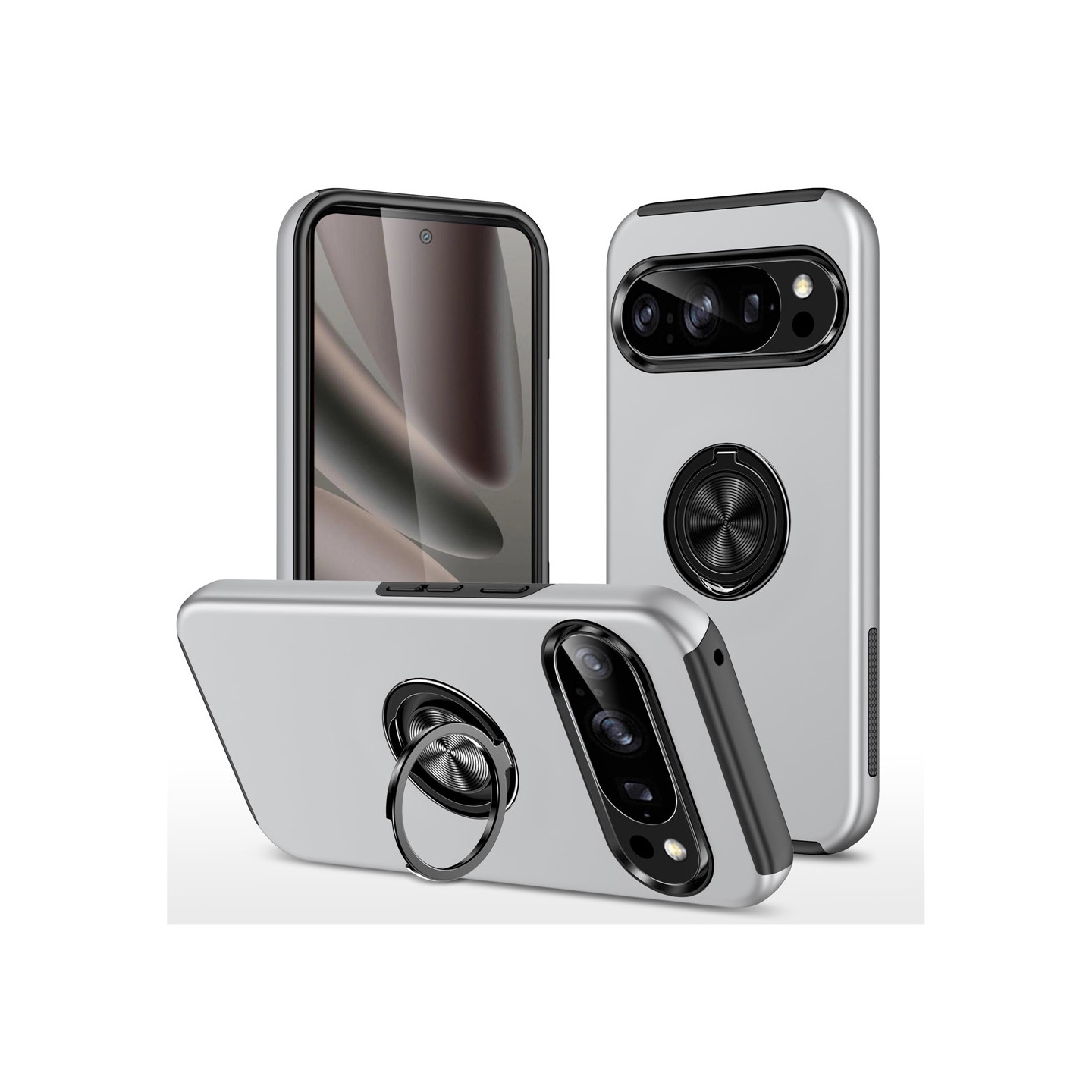 For Google Pixel 10 Pro / Pixel 10 Skal Finger Ring Kickstand Hybrid Case - Silver