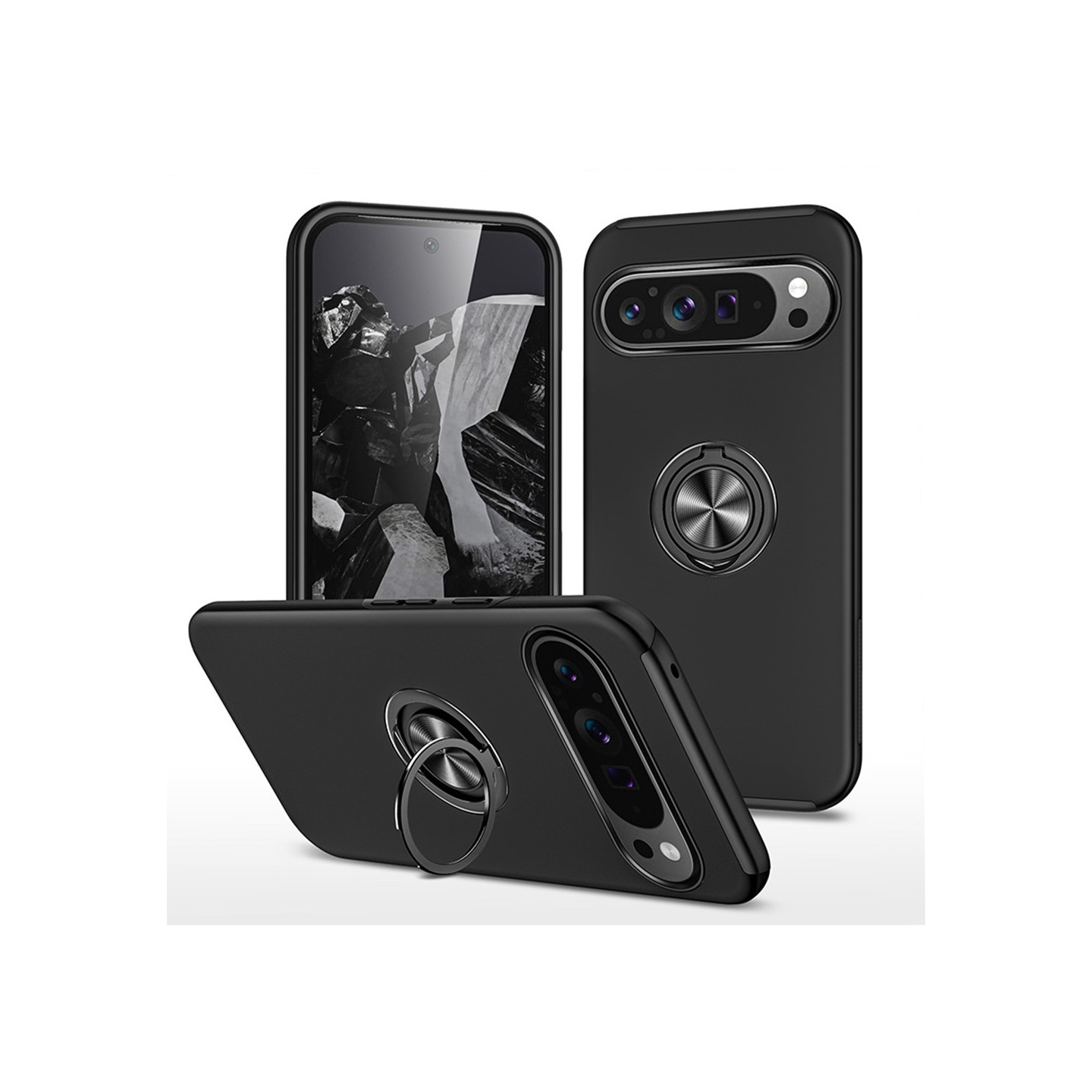 For Google Pixel 10 Pro / Pixel 10 Skal Finger Ring Kickstand Hybrid Case - Black