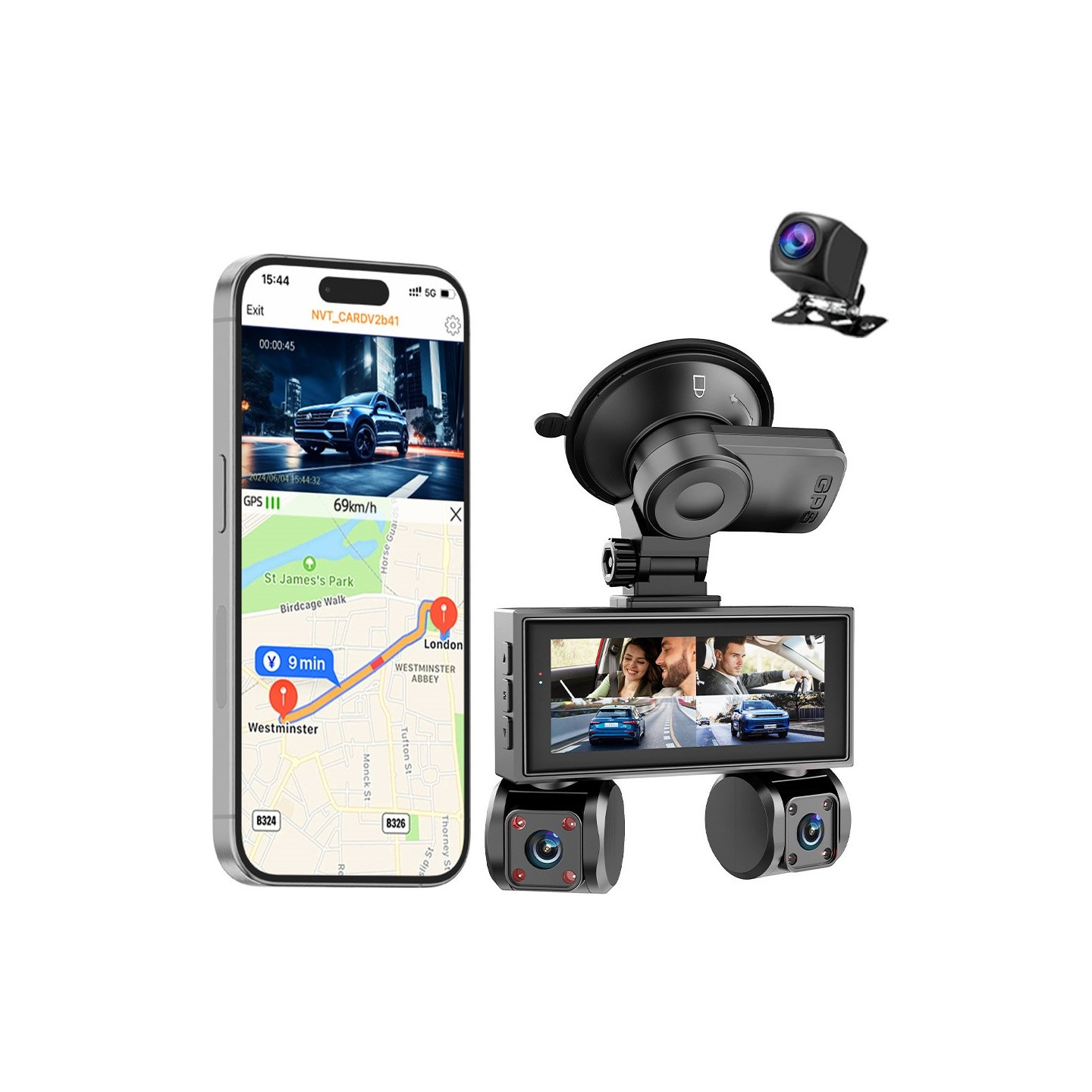 Bilkamera WiFi 4-kanals 2K Nattesyn Quad Lens Bil DVR GPS-modul Step Down-kabel