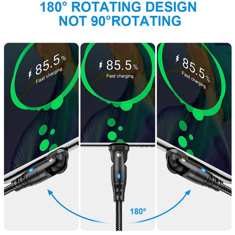 USB-A to USB-C Charging Cable 2m 180 Degree Rotating Angled Head 3A