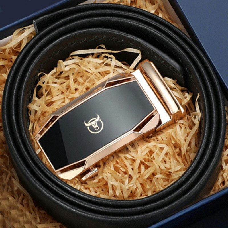 BULLCAPTAIN 130cm Belt Waist Strap Cowhide Automatic Buckle Keychain - Gold