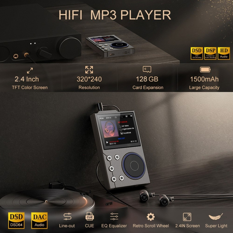 T10 2,4" skærm HiFi musikafspiller stemmeoptager Bluetooth FM radio 16 GB lagerplads