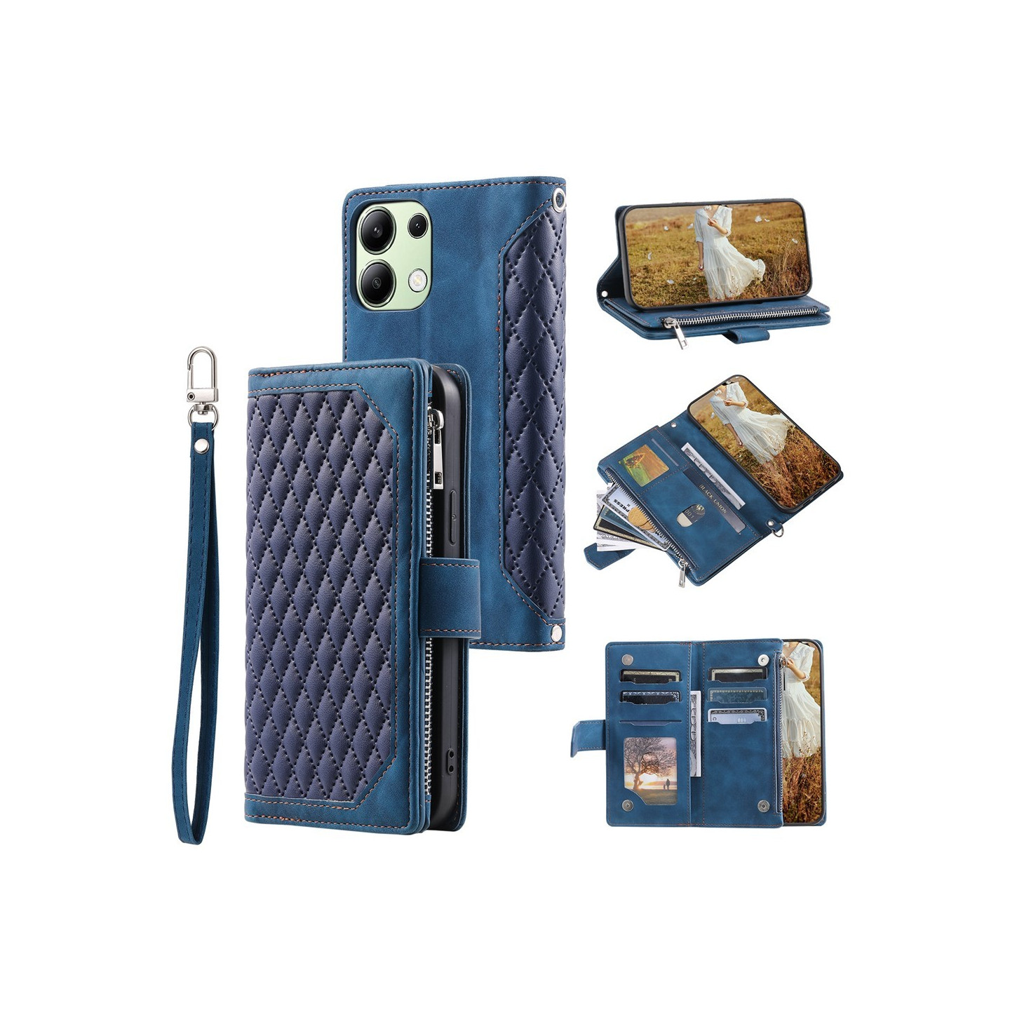 För Xiaomi Redmi 15C Zipper Wallet Case Rhombus Stitching Line Telefonfodral