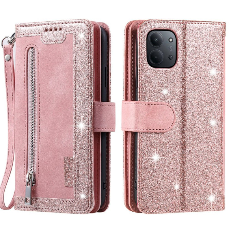 For Xiaomi Redmi 15C Case Zipper Pocket PU Leather Phone Cover with 9 Card Slots