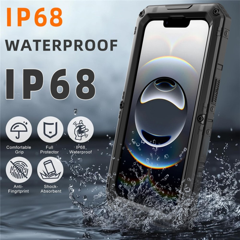 IP68 vanntett deksel til iPhone 17e / 16e metall + silikon med skjermbeskytter