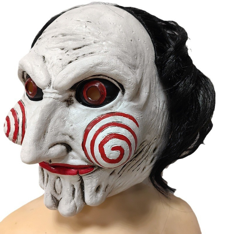 Exklusiv Jigsaw Saw Billy Mask Maskerad Maskeradmask i mjukt material med hår