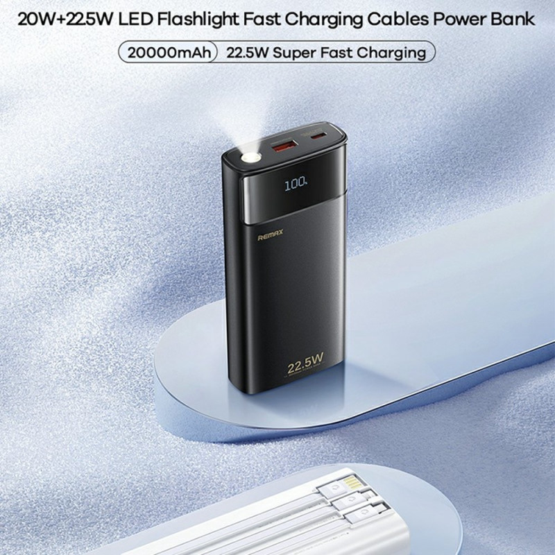 REMAX FC-12 20000mAh Powerbank Inbyggd USB-C / USB / iP-kablar med LED-ficklampa