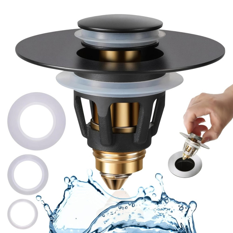 Sink drain stopper push button pop-up plug anti-clogging hair catcher
