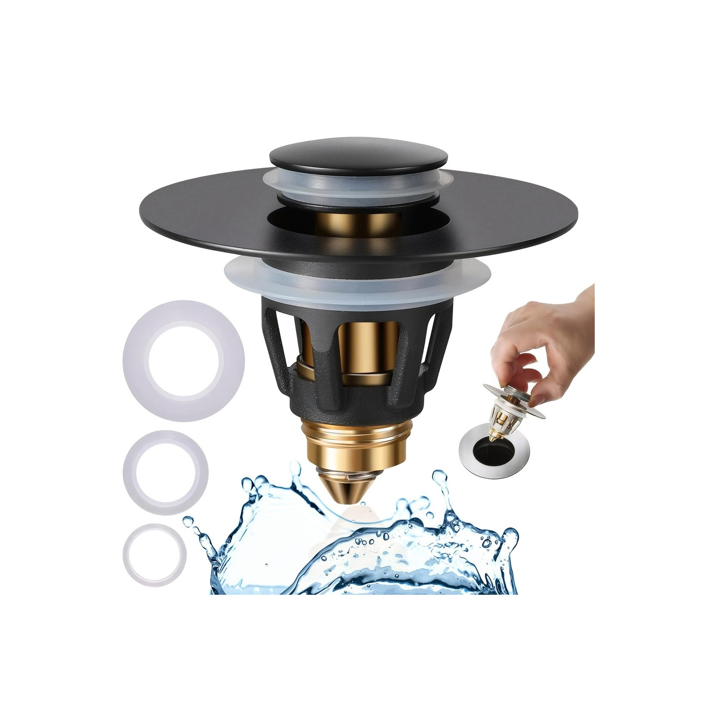 Tiskialtaan viemärin tulppa painonapilla, ponnahdustulppa tukkeutumaton hiustenkerääjä