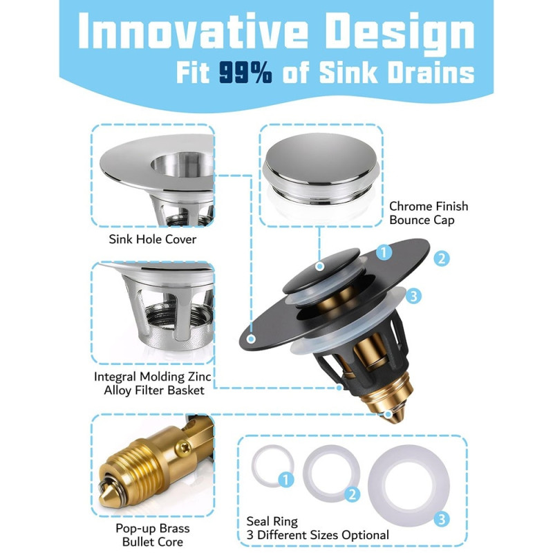 Sink drain stopper push button pop-up plug anti-clogging hair catcher