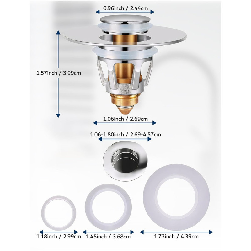 Sink drain stopper push button pop-up plug anti-clogging hair catcher