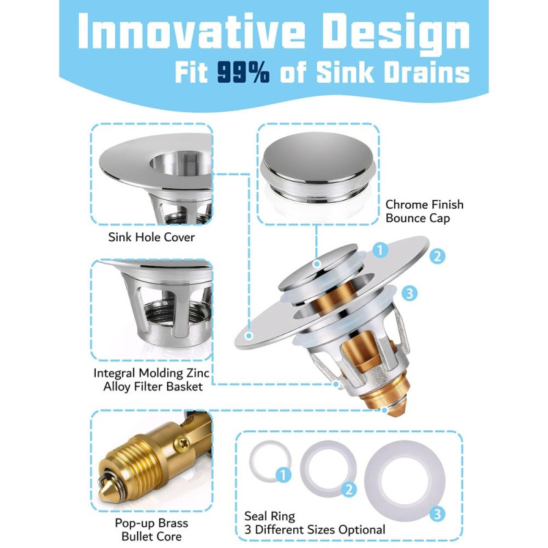 Sink drain stopper push button pop-up plug anti-clogging hair catcher